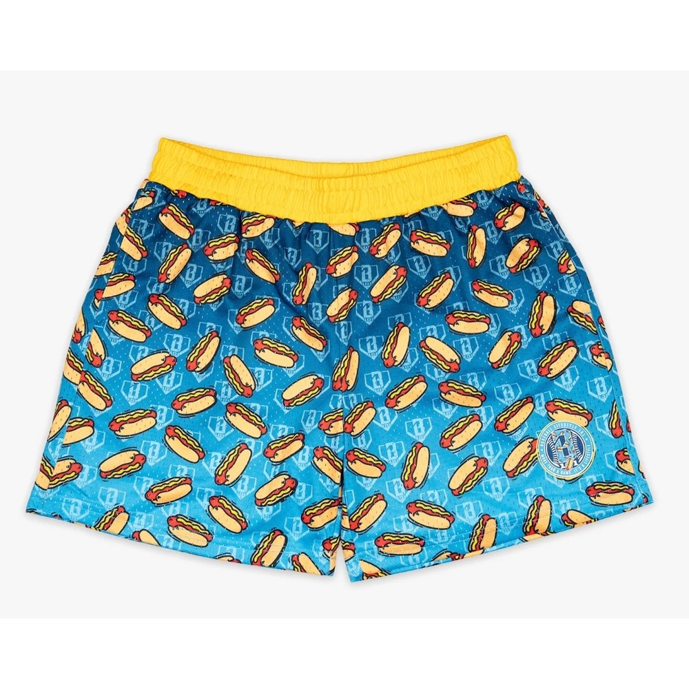 Baseball Lifestyle 101 Hot Dog Youth Shorts Blue Yellow Mesh Size YS NWT